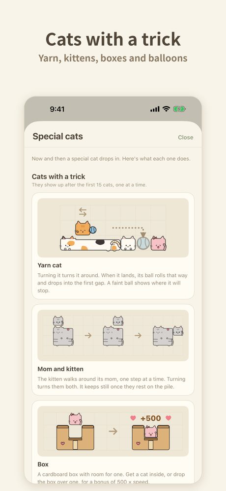Cats with a trick: yarn, kittens, boxes and balloons