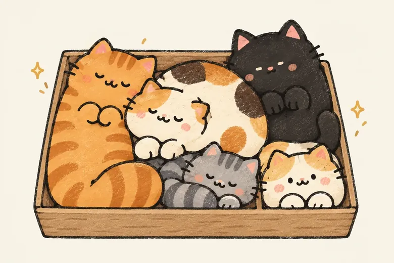 Boxy Cats: five cats curled up in a wooden box