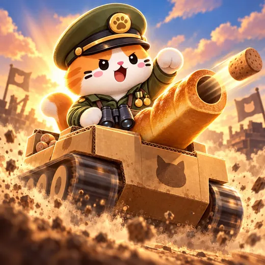 Loafguard: a cat riding a cardboard tank