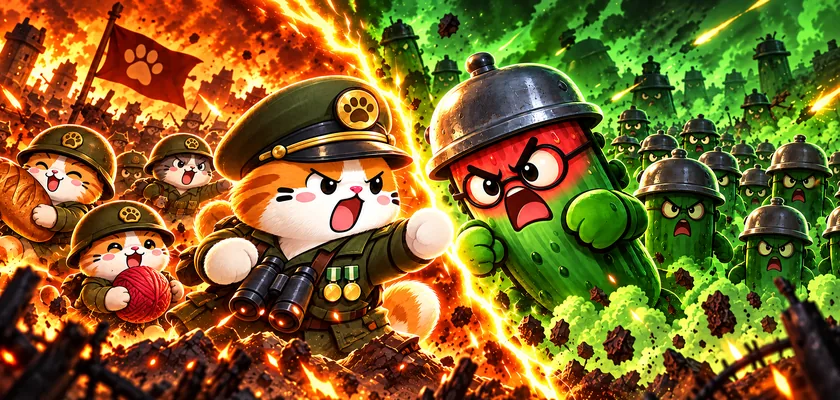 A cat commander facing a cucumber in a helmet, armies behind them