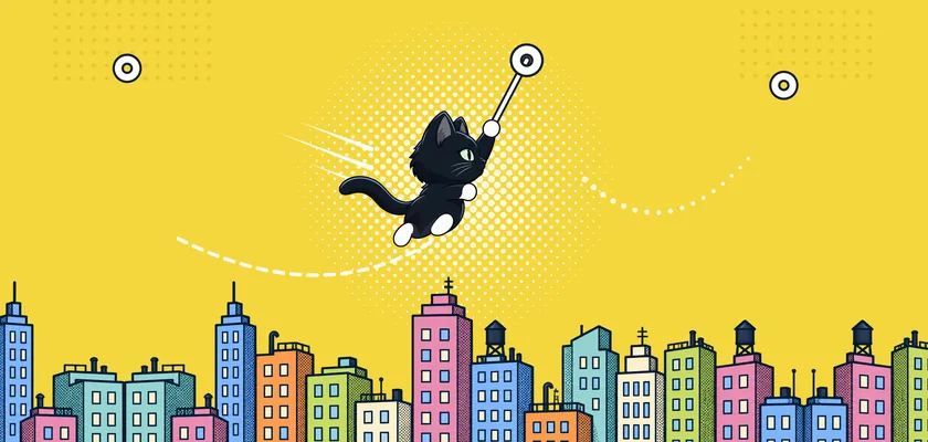 A black cat swinging on a rope above a comic-book city
