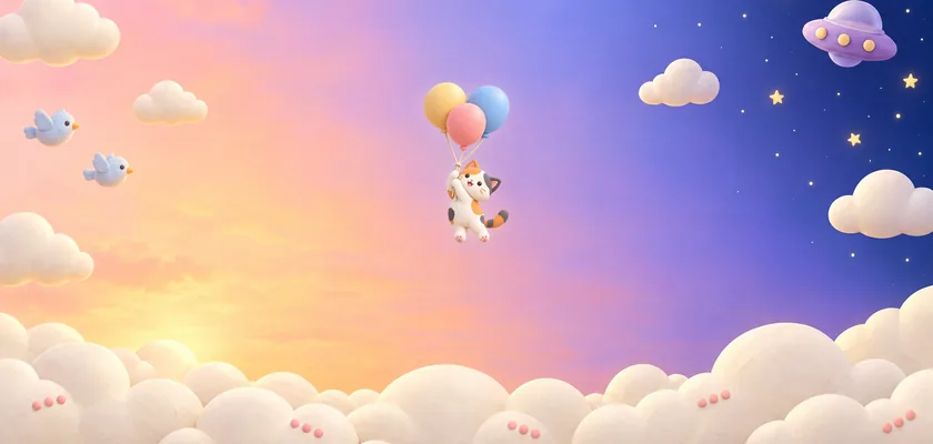 A kitten floating up through a sunset sky under three balloons